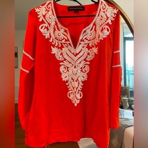 Boston Proper orange embroidered tunic style top or coverup. Size small.